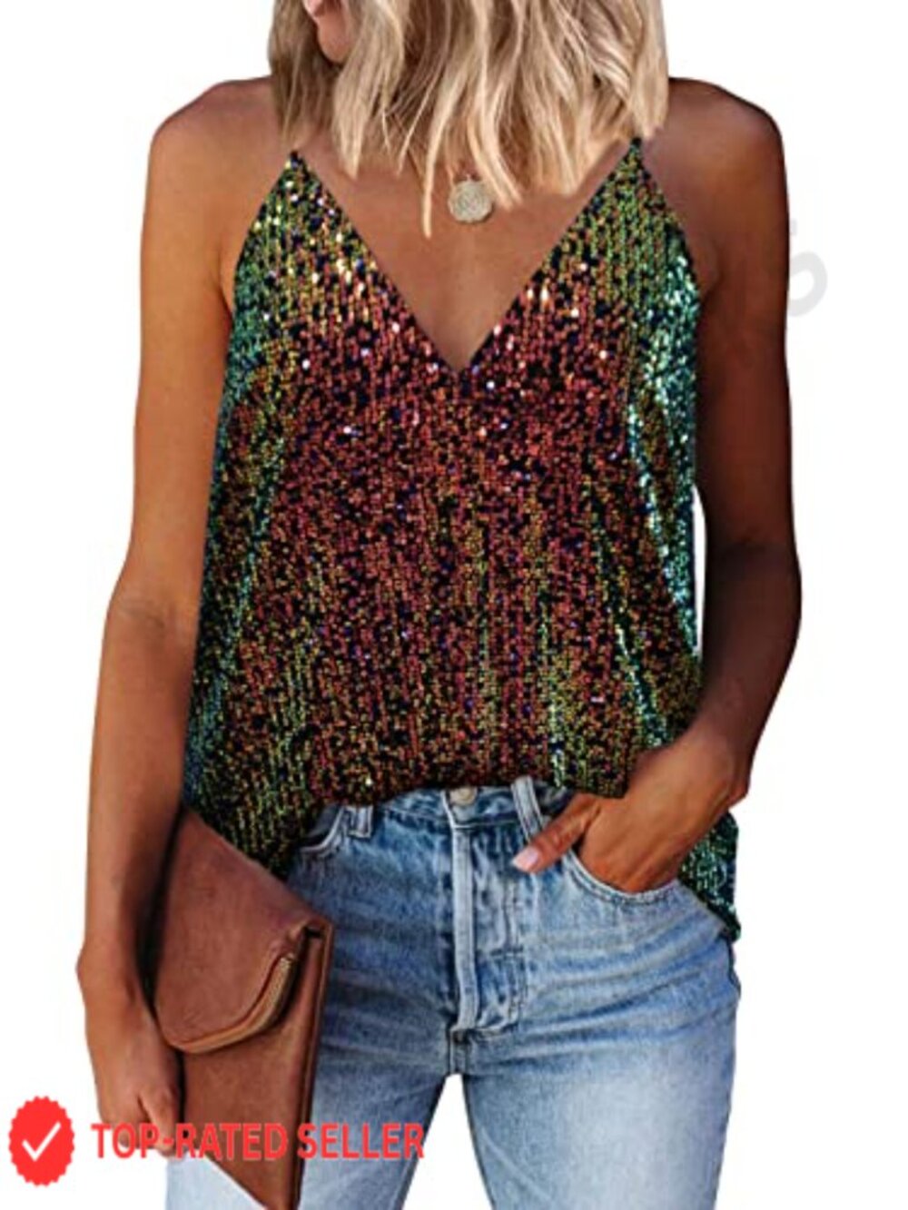 Sequin V Neck Tank Top Racerback Sleeveless Party Clubwear